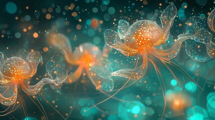 Obraz premium Microscopic Illustration of Bacteria with Flagella in a Dynamic Fluid Environment