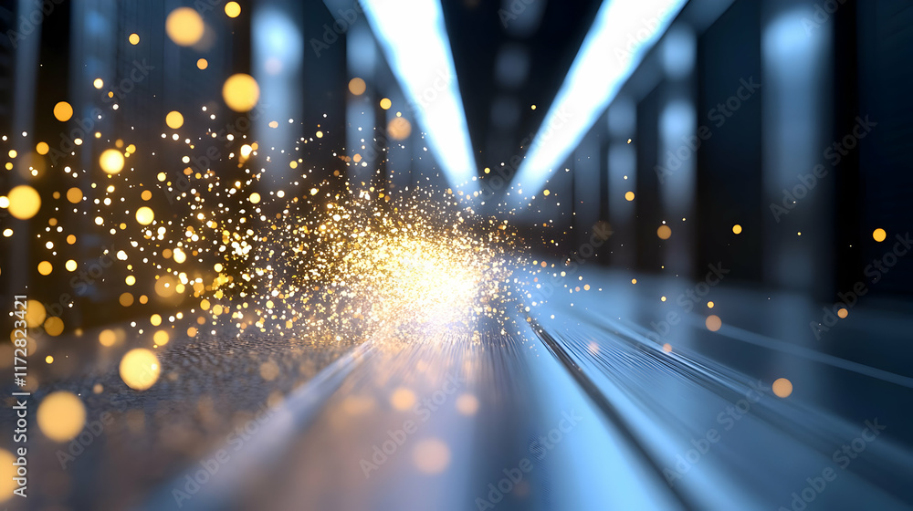 Poster data stream flowing through server room corridor, glowing particles represent digital information tr