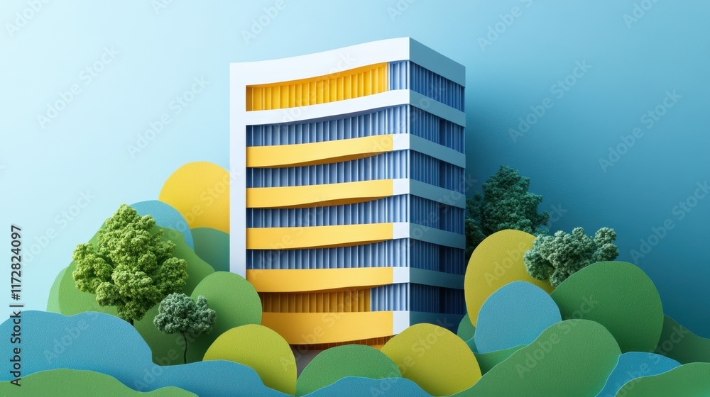 Poster a modern building surrounded by colorful foliage, showcasing a blend of architecture and nature in a