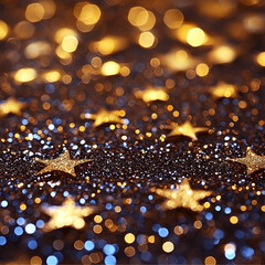 Gold stars on glitter, bokeh background, festive holiday backdrop