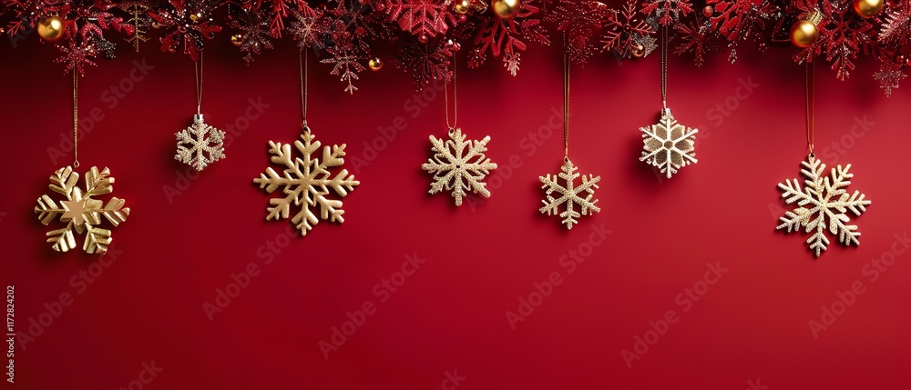 Poster an up-close perspective on golden snowflakes lying on a red foreground with plenty of background con