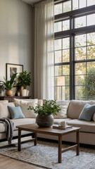 Obraz premium Serene and spacious traditional rural living room with neutral color sofa large windows and textured rug beneath furniture