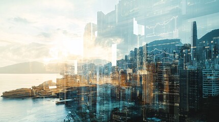 A dynamic cityscape with transparent financial graphs overlaying urban buildings, embodying modern finance and technology.