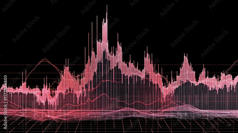 Aufkleber stylized red and pink data visualization showcasing dynamic audio waveforms on a black background.