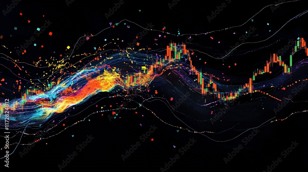 Poster abstract representation of financial data with colorful wave patterns and digital elements, symboliz