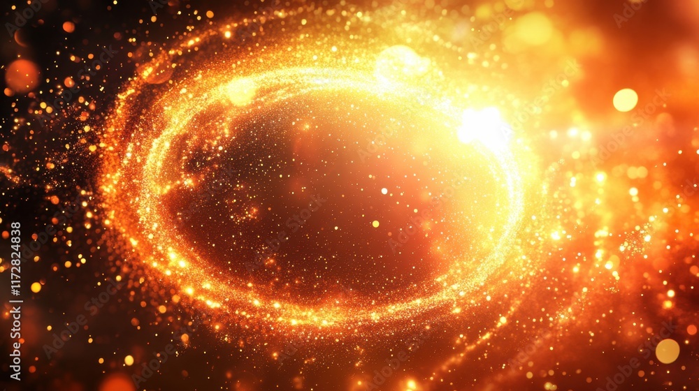 Poster a dazzling swirl of golden particles creating a cosmic effect, evoking a sense of awe and wonder in 