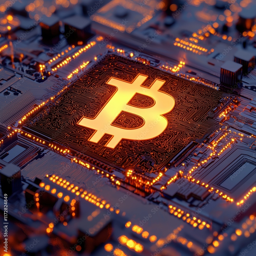 Aufkleber bitcoin symbol on circuit board with glowing copper patterns