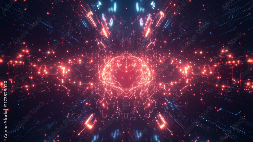 Poster a vibrant, digital abstract scene featuring glowing particles and lines in red and blue, creating a 