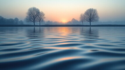 Serene sunrise, bare trees reflected in calm water.