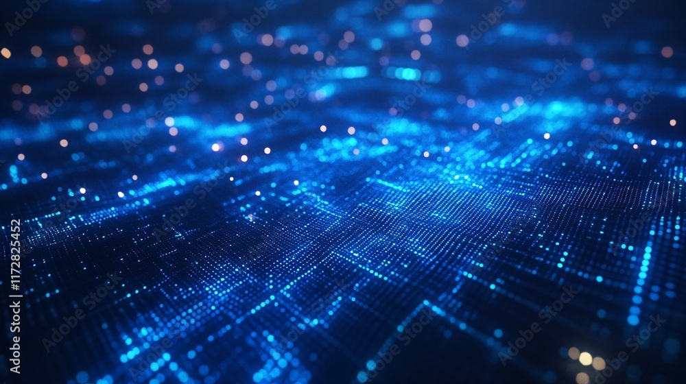 Poster a close-up view of a digital landscape with glowing blue data points, evoking a sense of advanced te