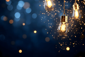 Obraz premium Glowing Edison bulbs hanging against a dark blue bokeh background, ideal for celebratory or inspirational designs