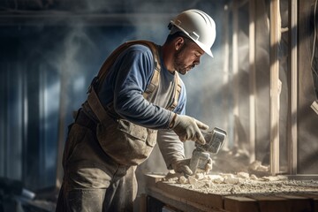 Carpenter using electric sander on wood in workshop creating dust