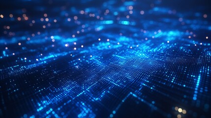 A close-up view of a digital landscape with glowing blue data points, evoking a sense of advanced technology and innovation.