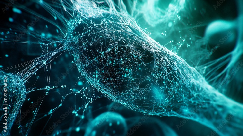 Poster abstract representation of a neuron with glowing connections in a dark environment.