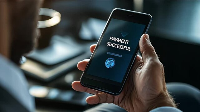 Businessman holding phone with text payment successful on screen display, sitting in office chair at desk or table with laptop notebook on workplace. Online internet shopping, purchase invoice 