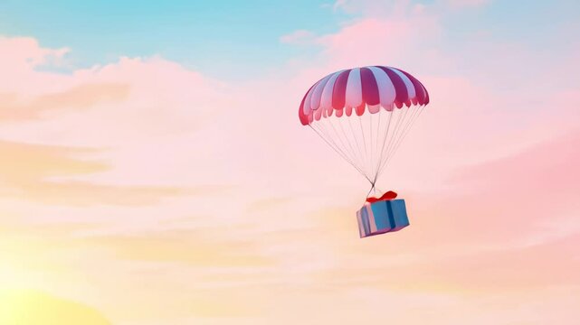 Cardboard box suspended from a parachute, soaring through a vibrant sunset sky, symbolizing the speed and convenience of modern online shopping and efficient delivery services