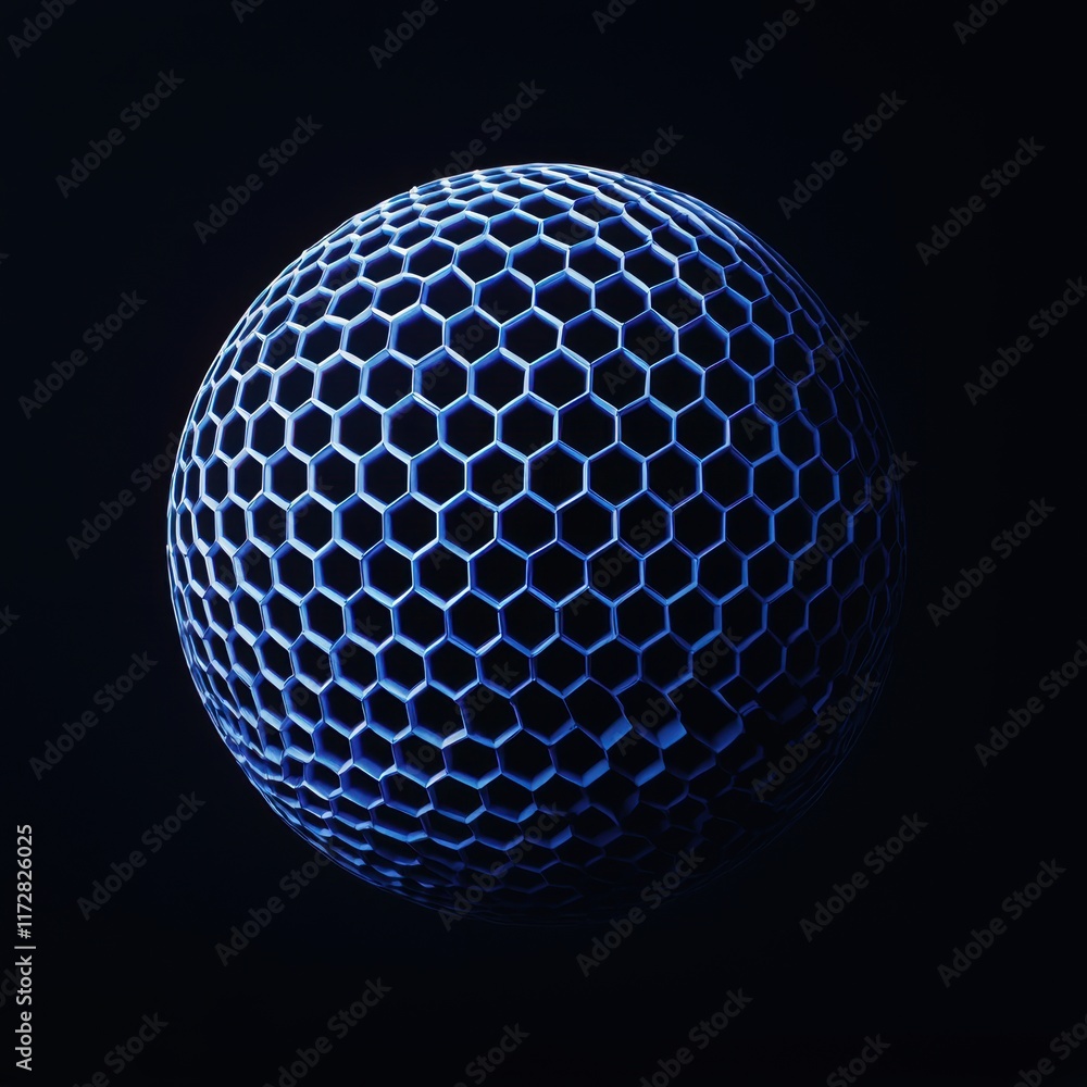 Poster geometric sphere with hexagonal pattern and blue light reflection
