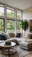 Obraz premium Spacious traditional rural home with neutral color sofa expansive windows and geometric rug beneath the furniture