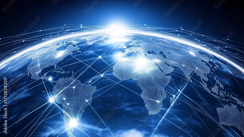 Poster a vibrant digital representation of earth with interconnected lines symbolizing global communication