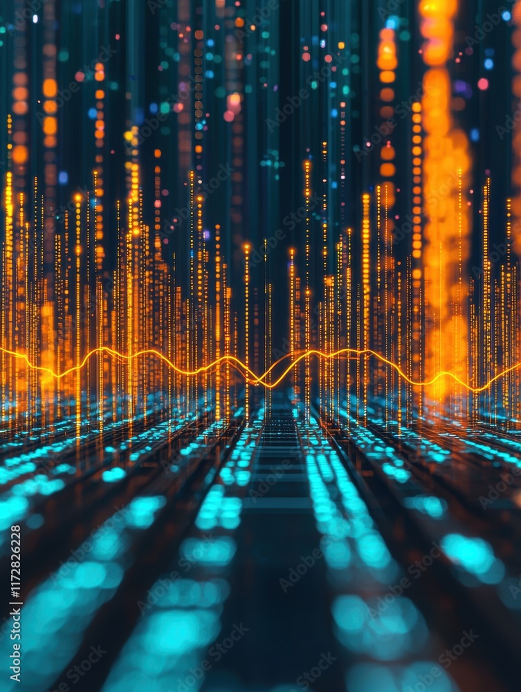 Poster vibrant data visualization with colorful light waves and patterns