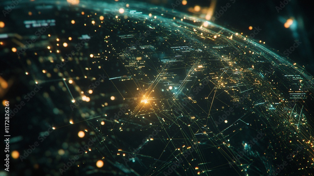 Poster an abstract visualization of a digital network, showcasing glowing connections and data points in a 