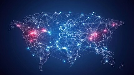 Digital world map highlighting global connections with vibrant nodes representing data flow.