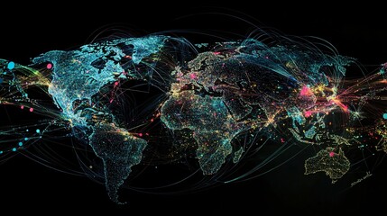 A vibrant digital map of the world showcasing global connectivity through bright lines and dots.