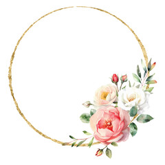 Watercolor flower wreath with gold circle frame.