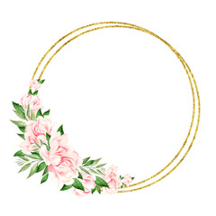 Watercolor flower wreath with gold circle frame.