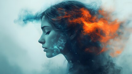 A dreamy portrait of a woman, her form merging with swirling fire and ice.  An artistic expression of inner conflict or balance.