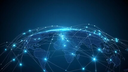 Naklejka premium A digital illustration of the world interconnected with glowing network lines, symbolizing global communication.