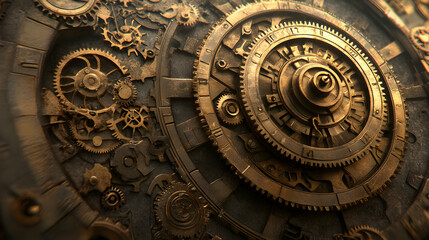 Naklejka premium Intricate clockwork mechanism; detailed gears and cogs in bronze tones, steampunk aesthetic. Perfect for industrial design, technology, and vintage concepts.