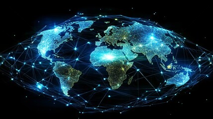 Fototapeta premium A stunning digital illustration of a glowing world map interconnected by vibrant networks of light.