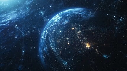Fototapeta premium A breathtaking view of Earth from space, illuminated by vibrant city lights against a starry backdrop.