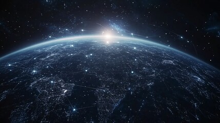 A stunning view of Earth from space, showcasing a network of connections and glowing lights across continents.