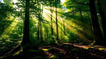 Fototapeta premium Sunlight Streaming Through a Green Forest, background 