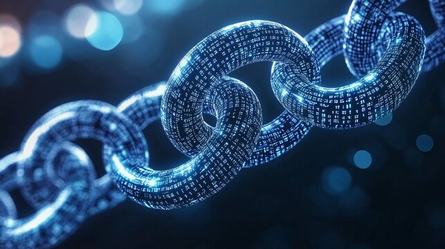 Close-up of a futuristic digital chain symbolizing blockchain technology in vibrant blue tones.