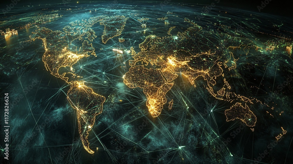 Poster a stunning digital rendering of a world map illuminated by interconnected lights, depicting global c