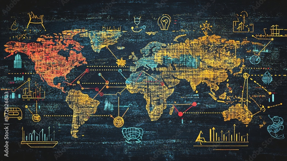 Poster a colorful world map illustration featuring data analytics symbols and icons, representing global co