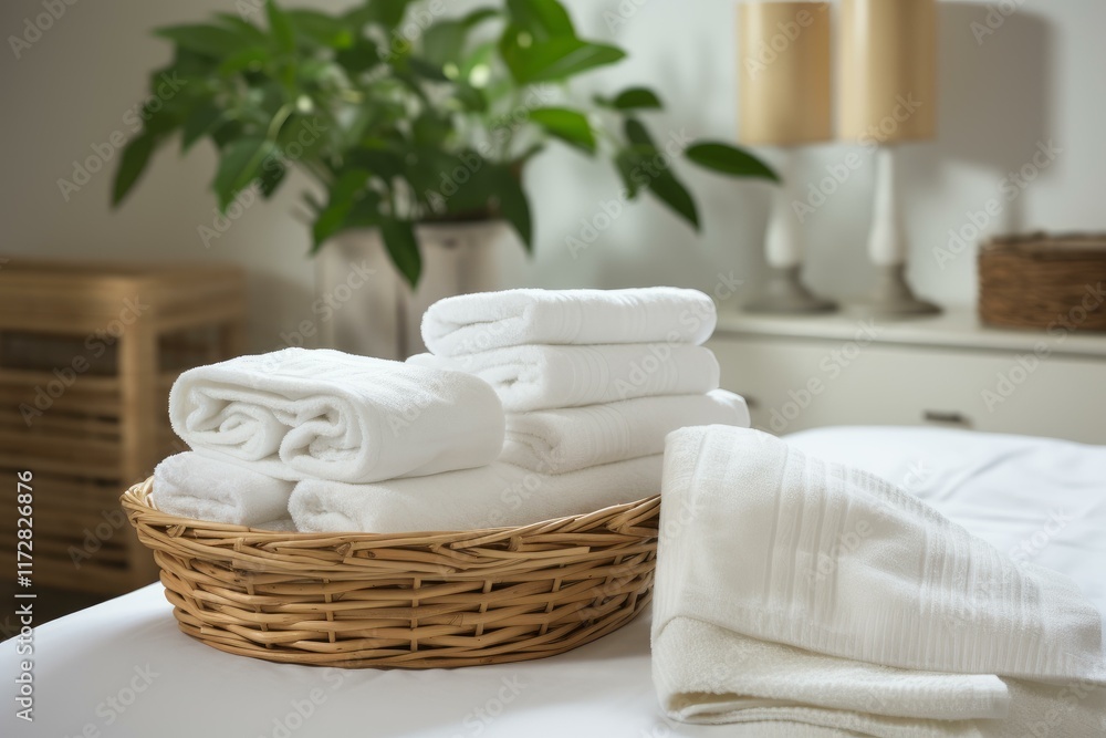 Poster clean white towels are neatly folded and stacked in a wicker basket, placed on a made bed, adding a 