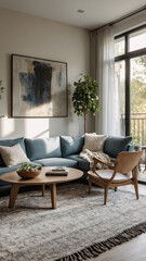 Fototapeta premium Timeless rural home living room with neutral sofa large windows and soft wool rug beneath furniture