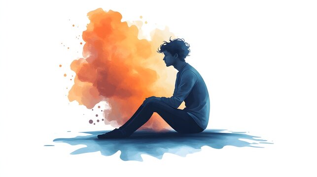 A digital watercolor painting depicting a person sitting alone, surrounded by a vibrant orange and blue watercolor splash, suggesting inner turmoil and introspection.