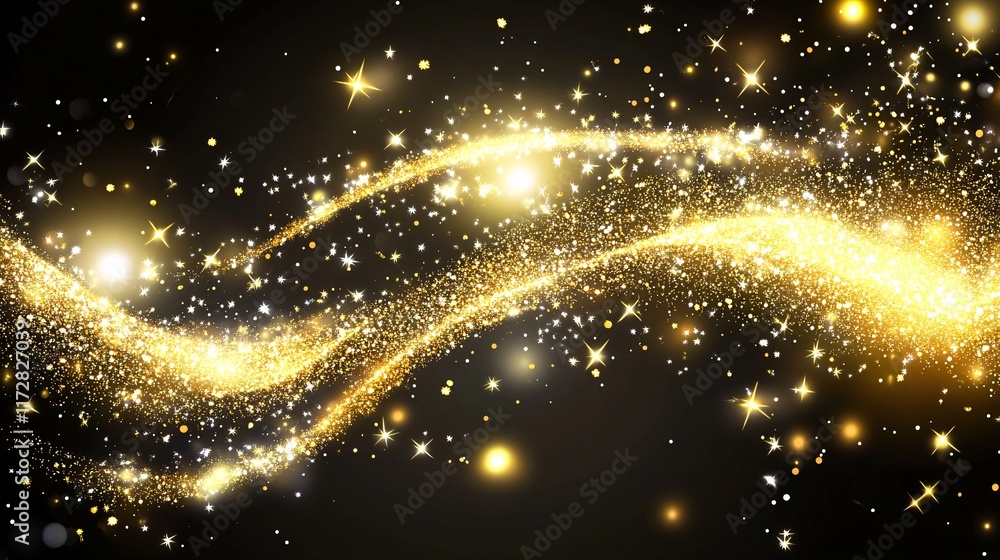 Poster a mesmerizing swirl of golden sparkles and luminous stars, creating a magical and enchanting atmosph