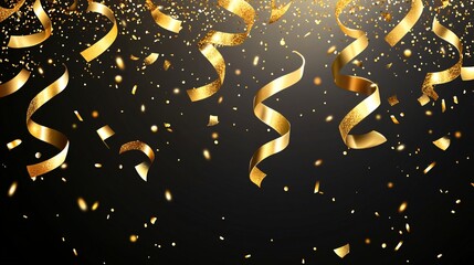 Golden confetti and streamers cascade down against a dark backdrop, celebrating a moment of joy and festivity.