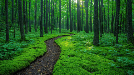 Obraz premium Winding moss path in sunlit forest