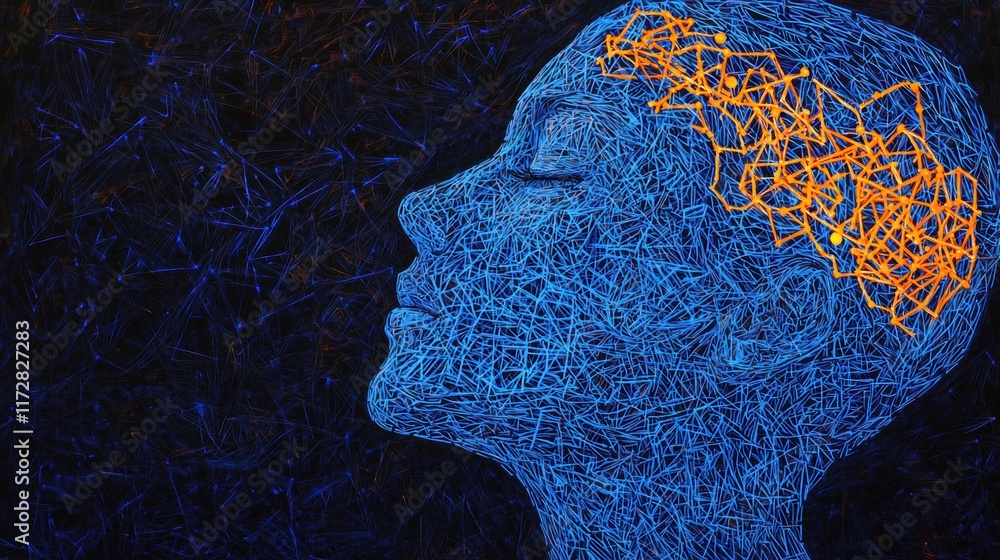 Poster abstract profile of a human head with neural network visualization