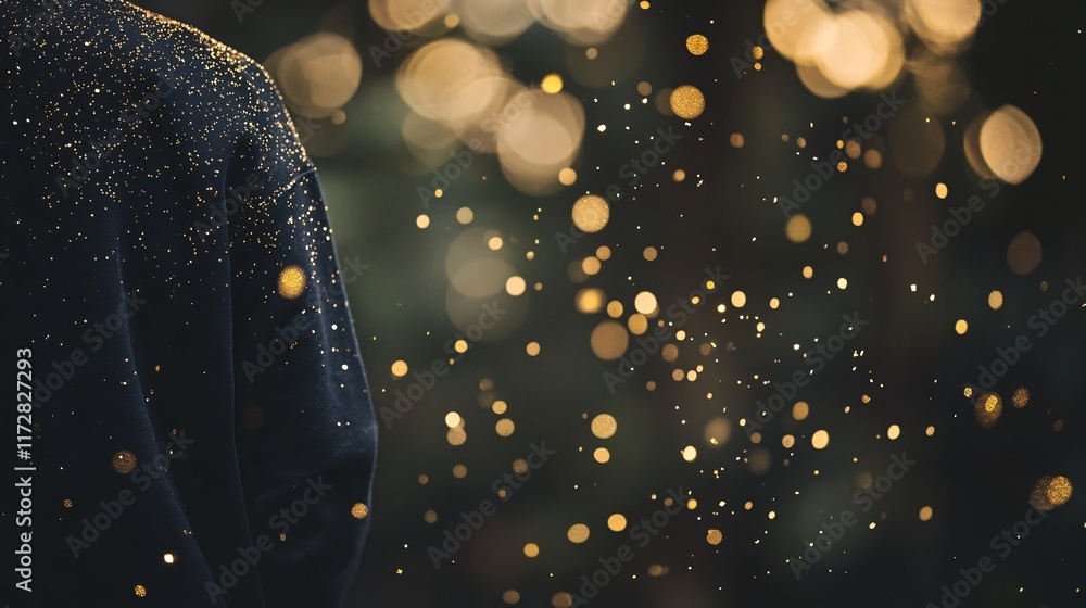 Poster a person from behind, adorned with a dark sweater, surrounded by shimmering gold particles in a soft