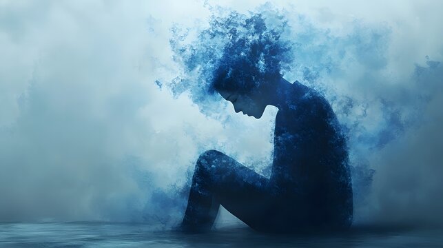 A poignant depiction of solitude and emotional turmoil, rendered in shades of blue, symbolizing a profound sense of sadness and isolation. depression symptoms