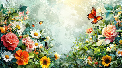 Butterflies flutter above colorful garden blooms in sunny meadow mural backdrop