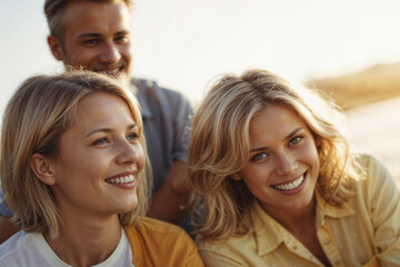 Face of happy European women are smiling and man sitting together on a beach. Scene is happy and relaxed